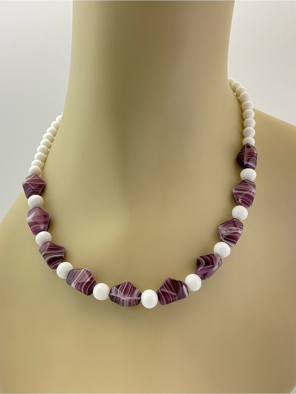Vintage Purple & White Bohemian Glass Striped Bead Necklace, 17 1/2" Long